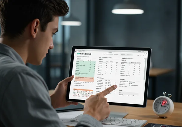 Person solving verbal questions on a Wonderlic test interface