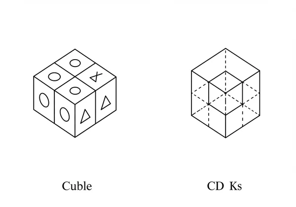 Flat cube net with symbols, next to its folded 3D cube