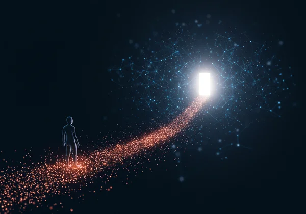 Person confidently navigating a path with data-driven insights.