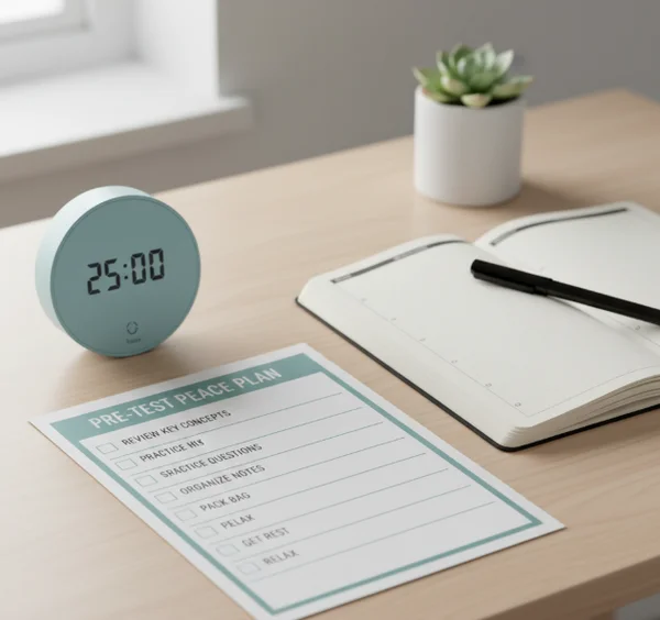 Calm test prep checklist beside a timer